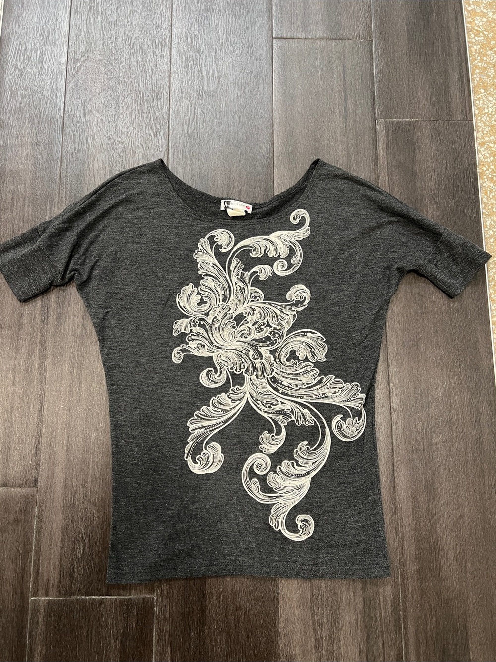 Body Central Charcoal Scoop Neck Tee with Cream Scroll Graphic